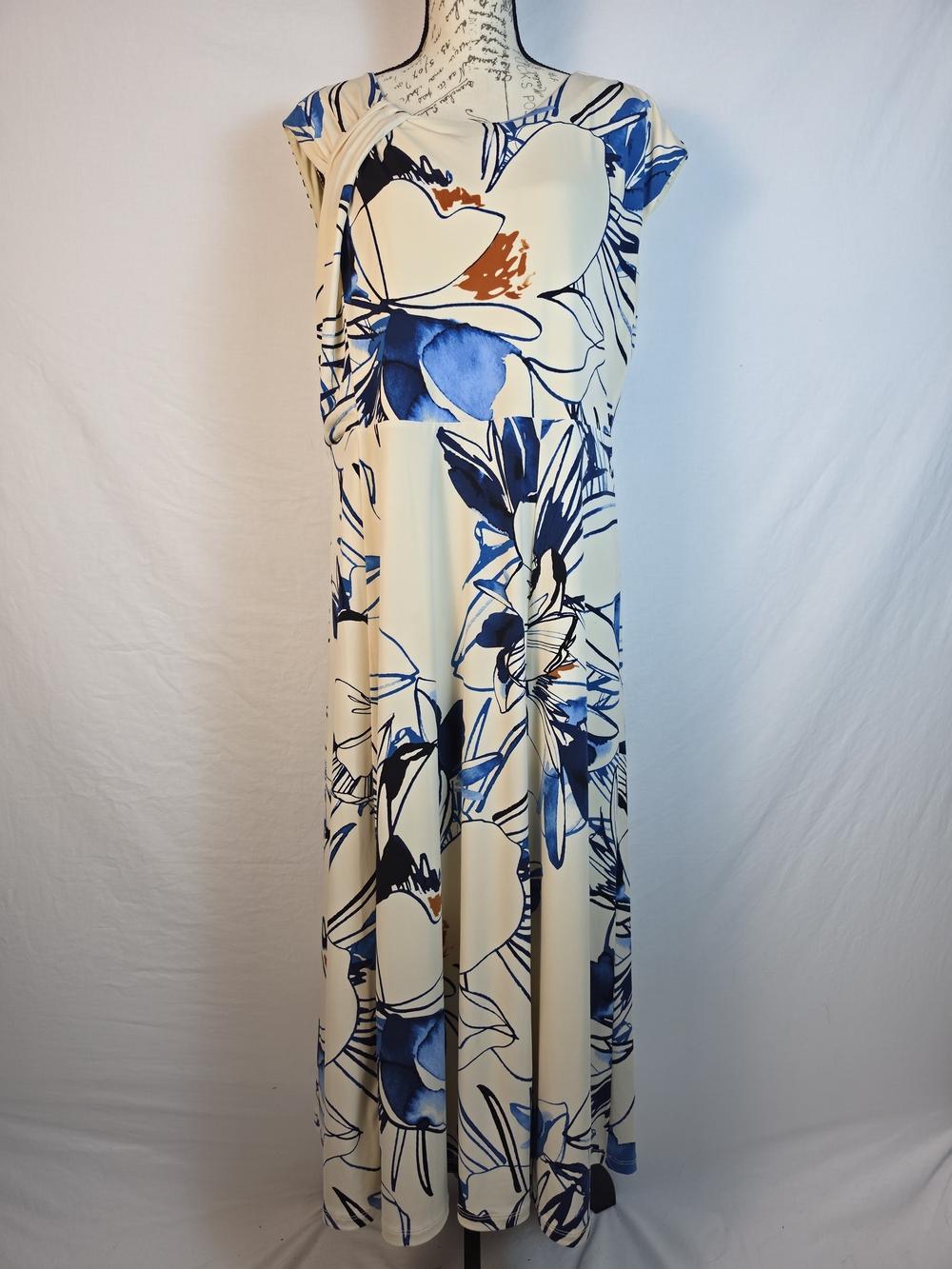 Calvin Klein Floral Faux Wrap Maxi Dress Cream Blue - Size 16